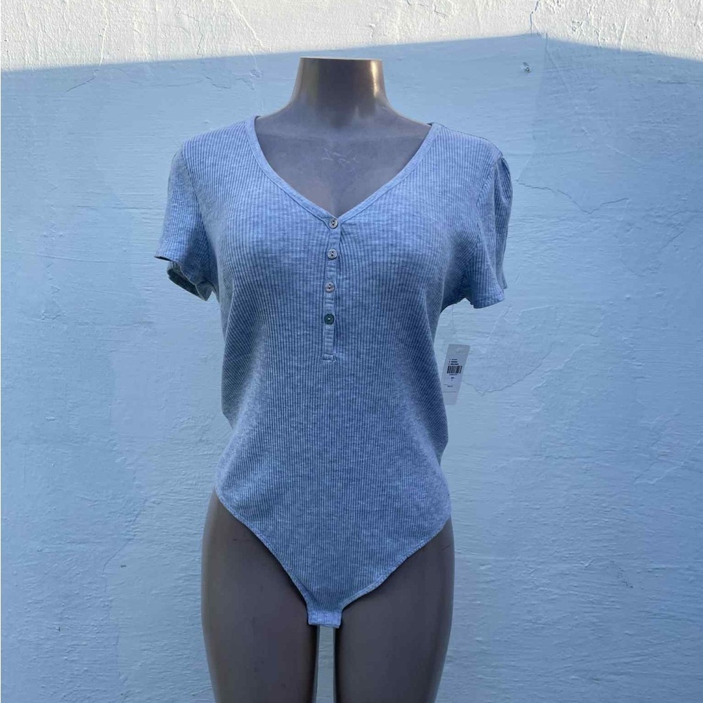 Anthropologie Blue Ribbed V-Neck Buttoned Bodysuit